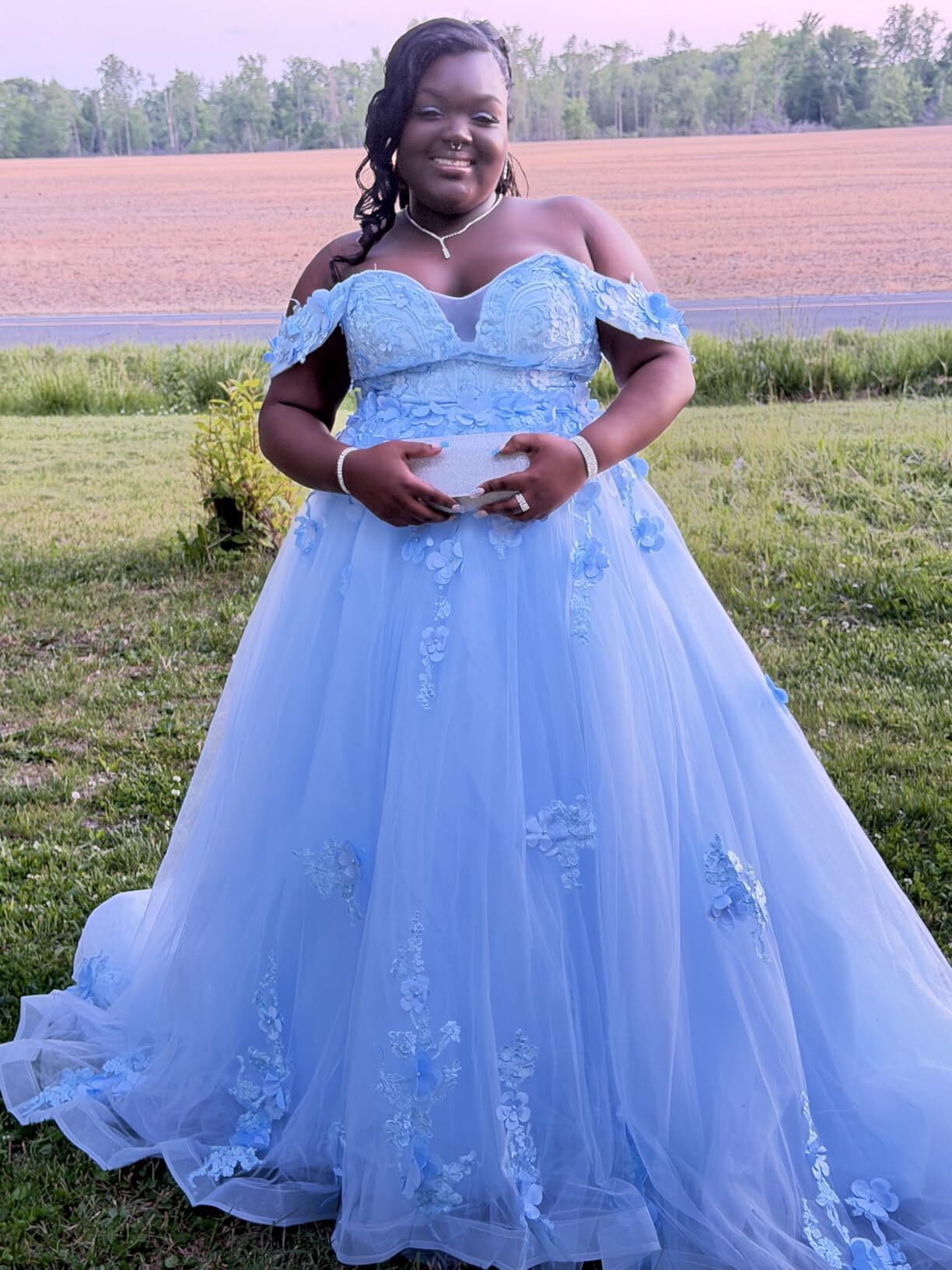 blue lace a line prom dress