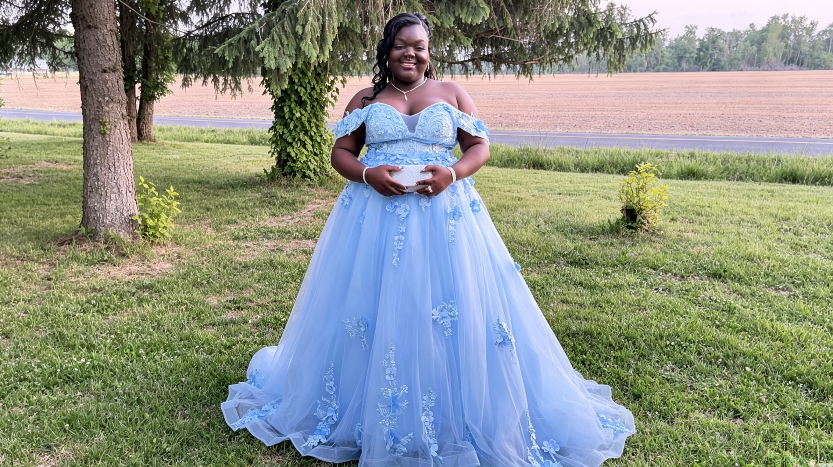 blue lace a line prom dress