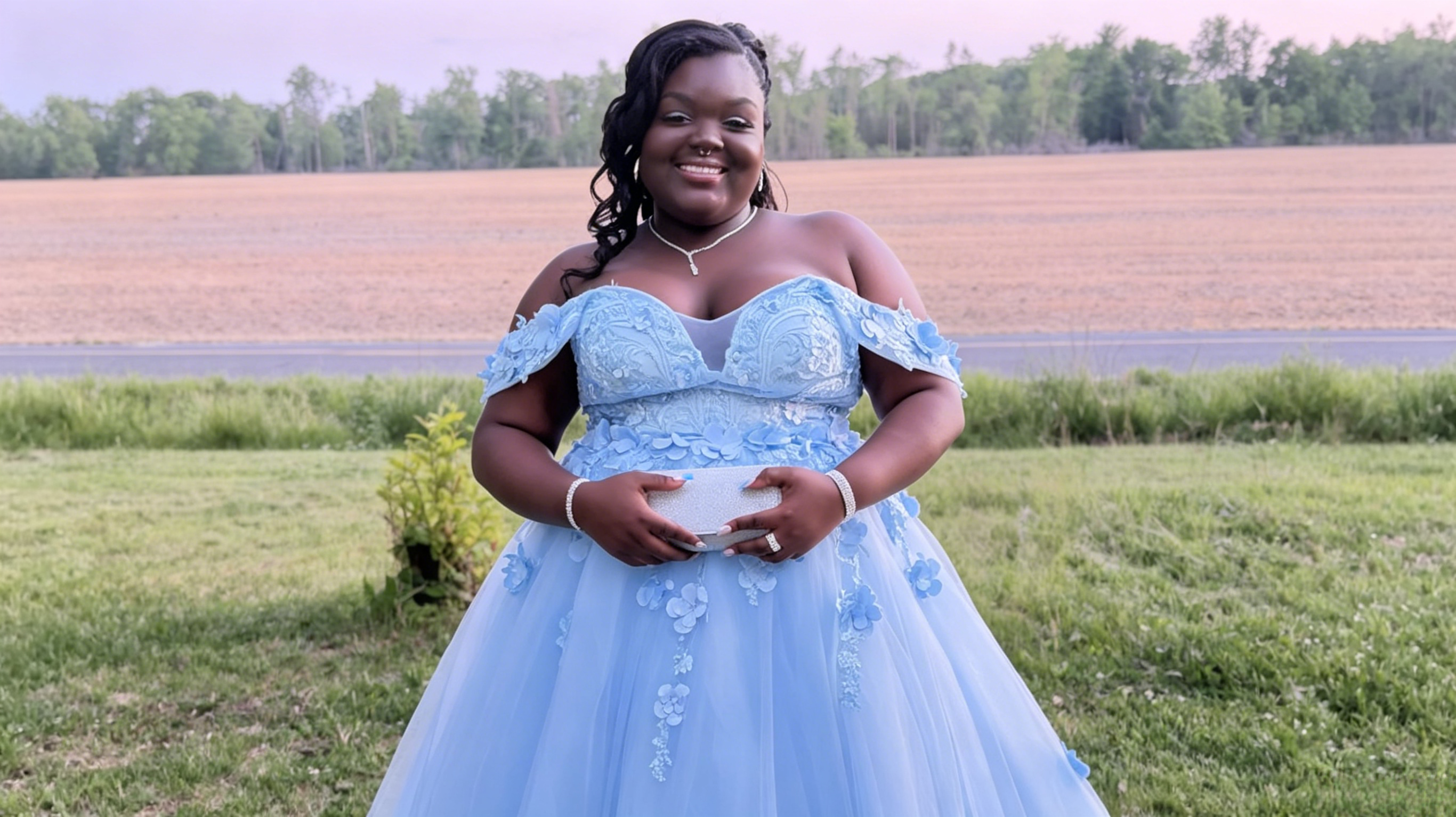 blue lace a line prom dress