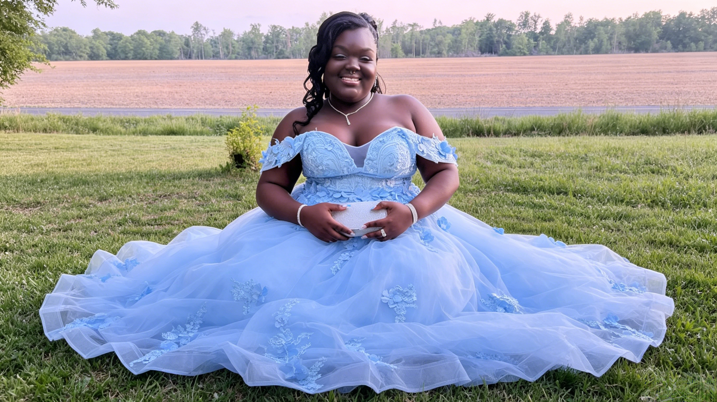 blue lace a line prom dress