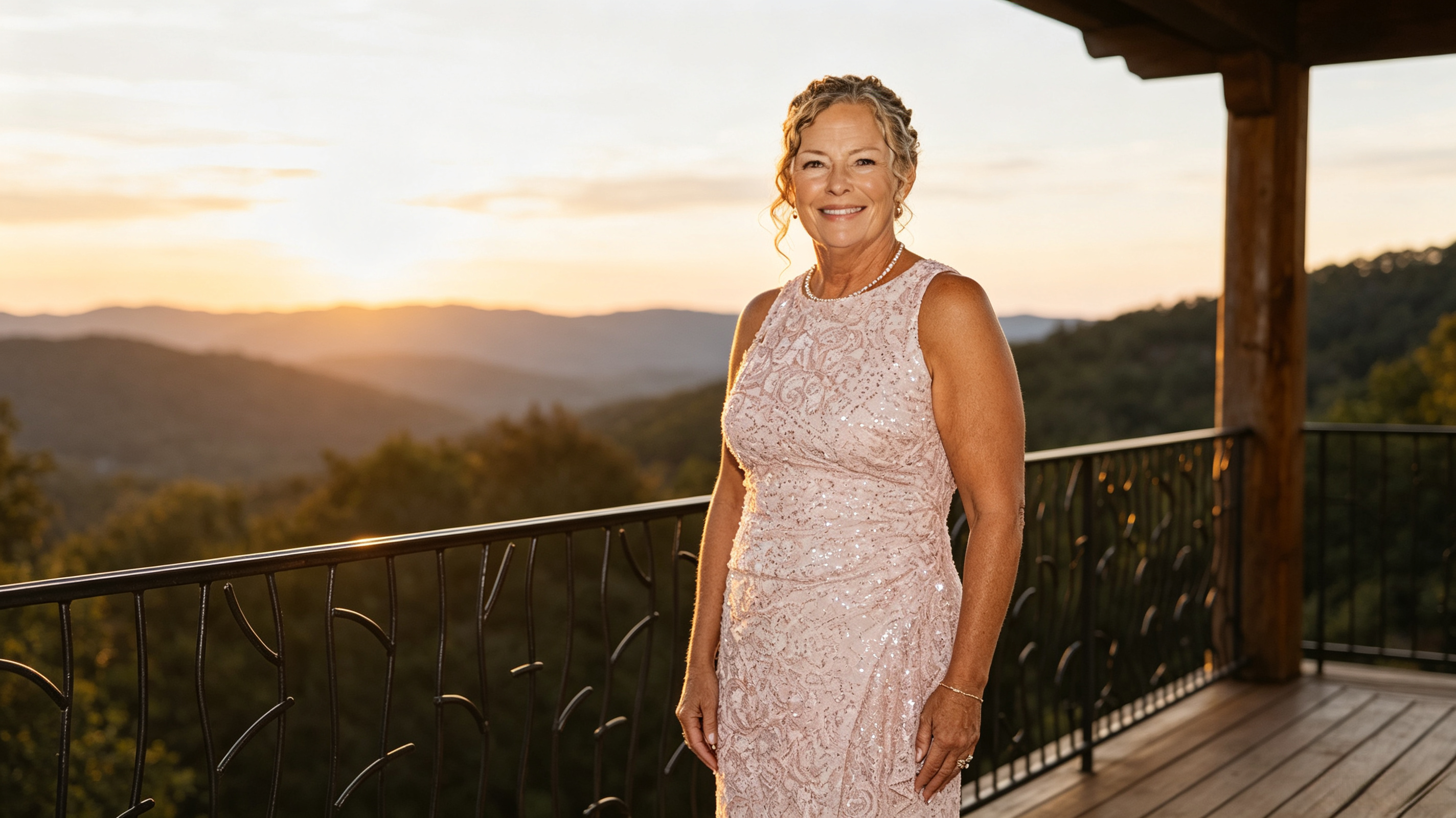 Mother of the bride wearing a blush lace tea length dress with mountain scenery background