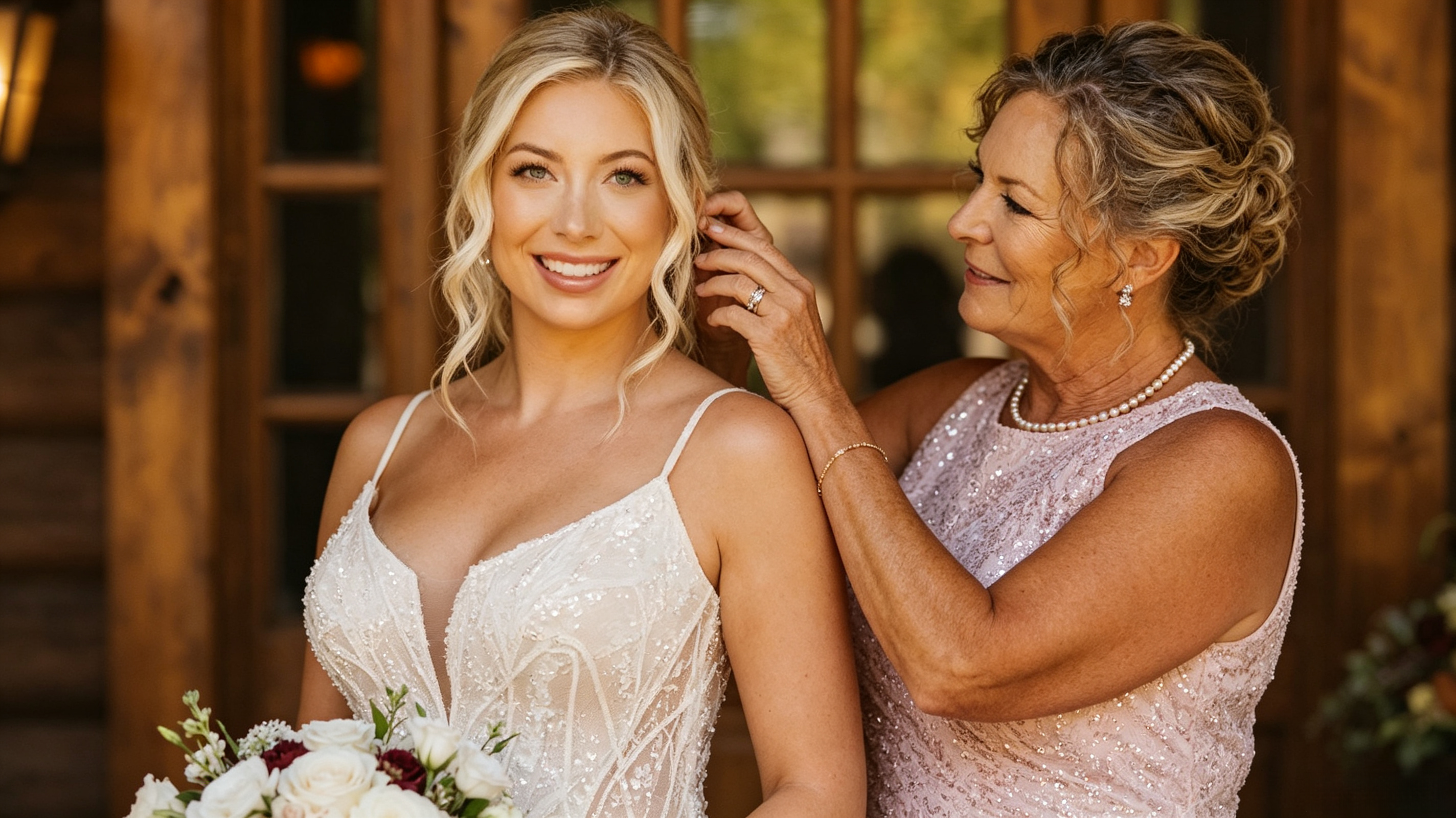 Bride and mother sharing an emotional wedding moment at an outdoor ceremony