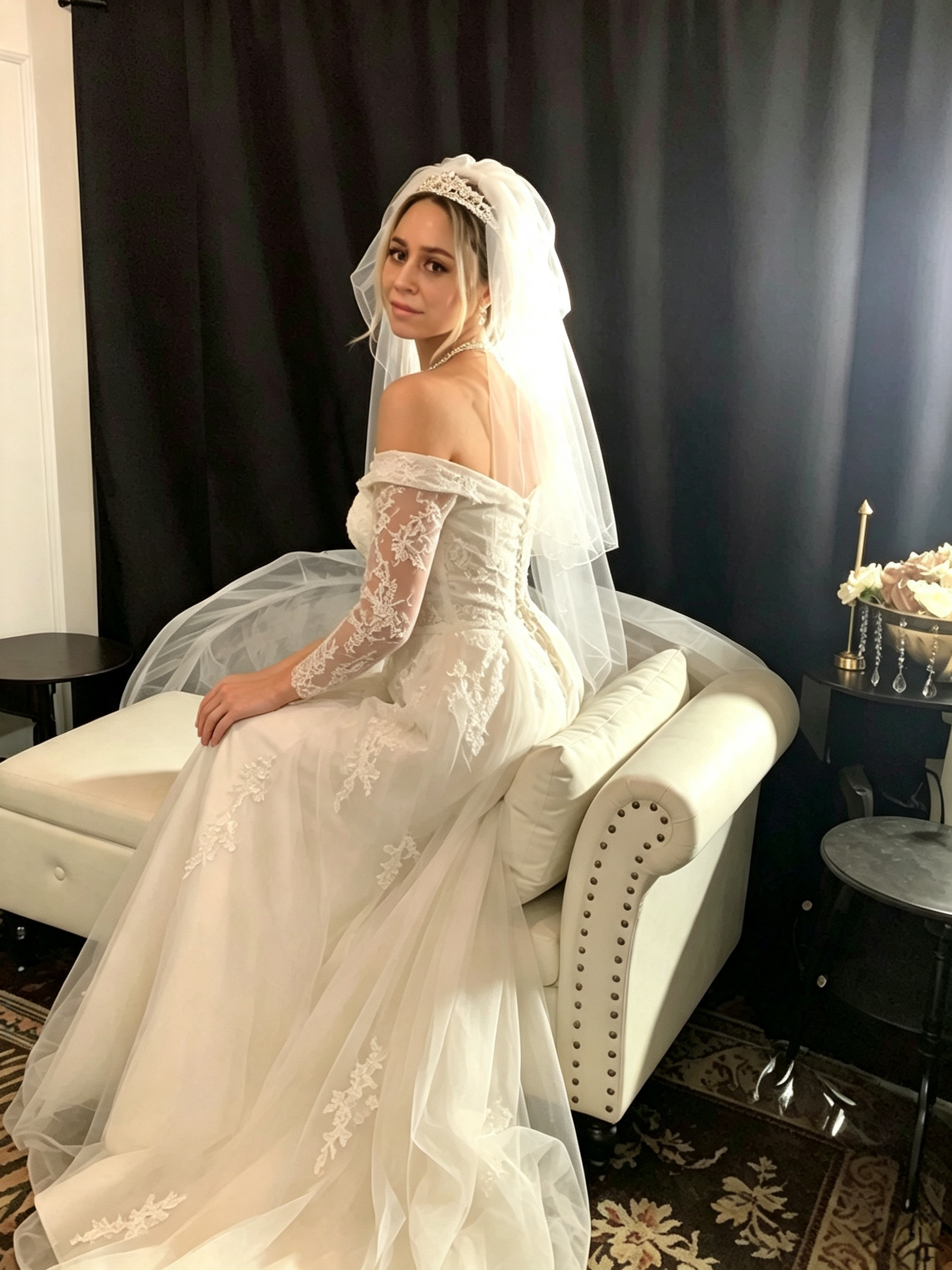 ANNAKOO lace long sleeve off shoulder wedding dress with floral sleeves