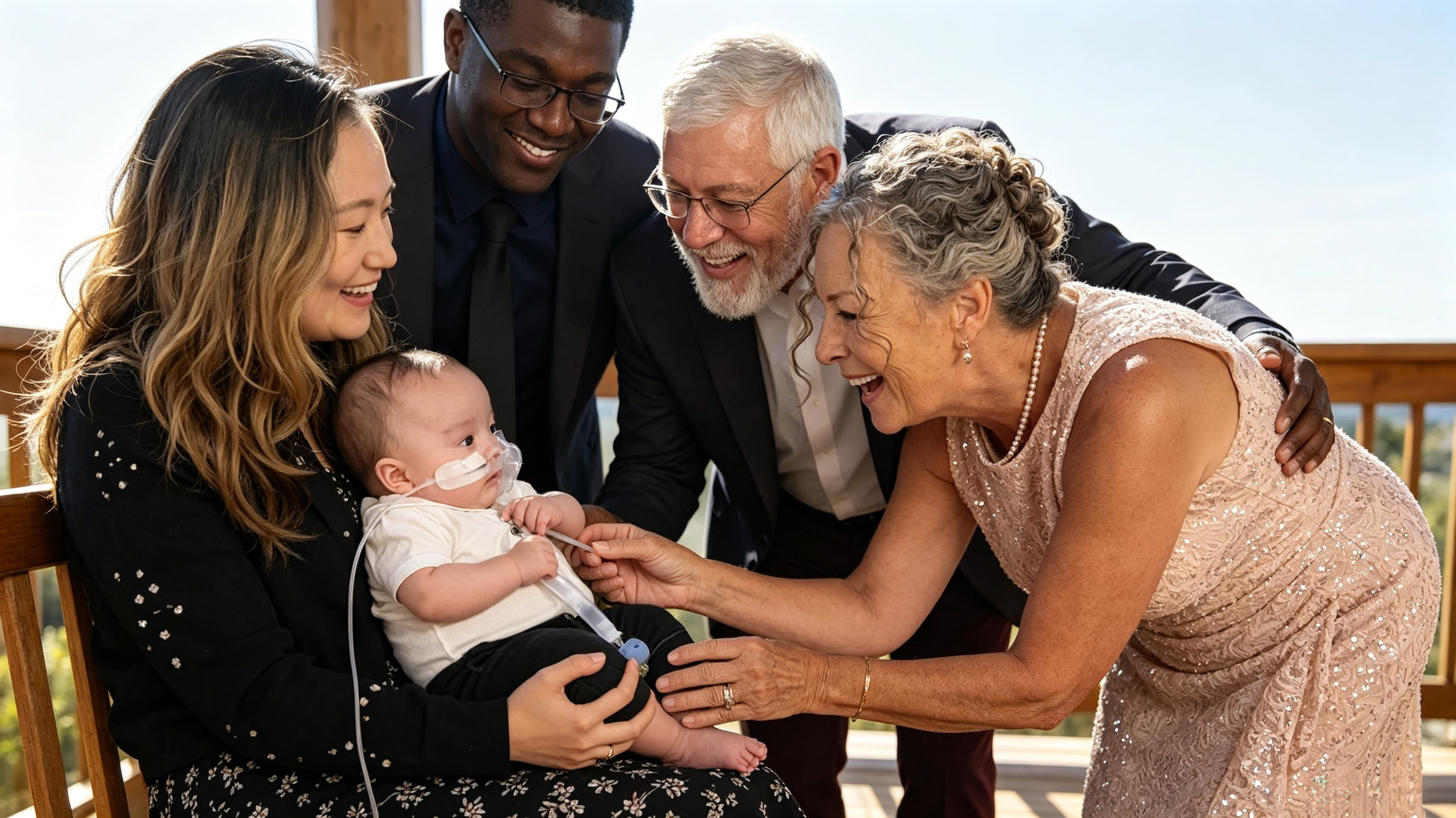 Mother of the bride wearing a tea length dress at a rustic log cabin wedding