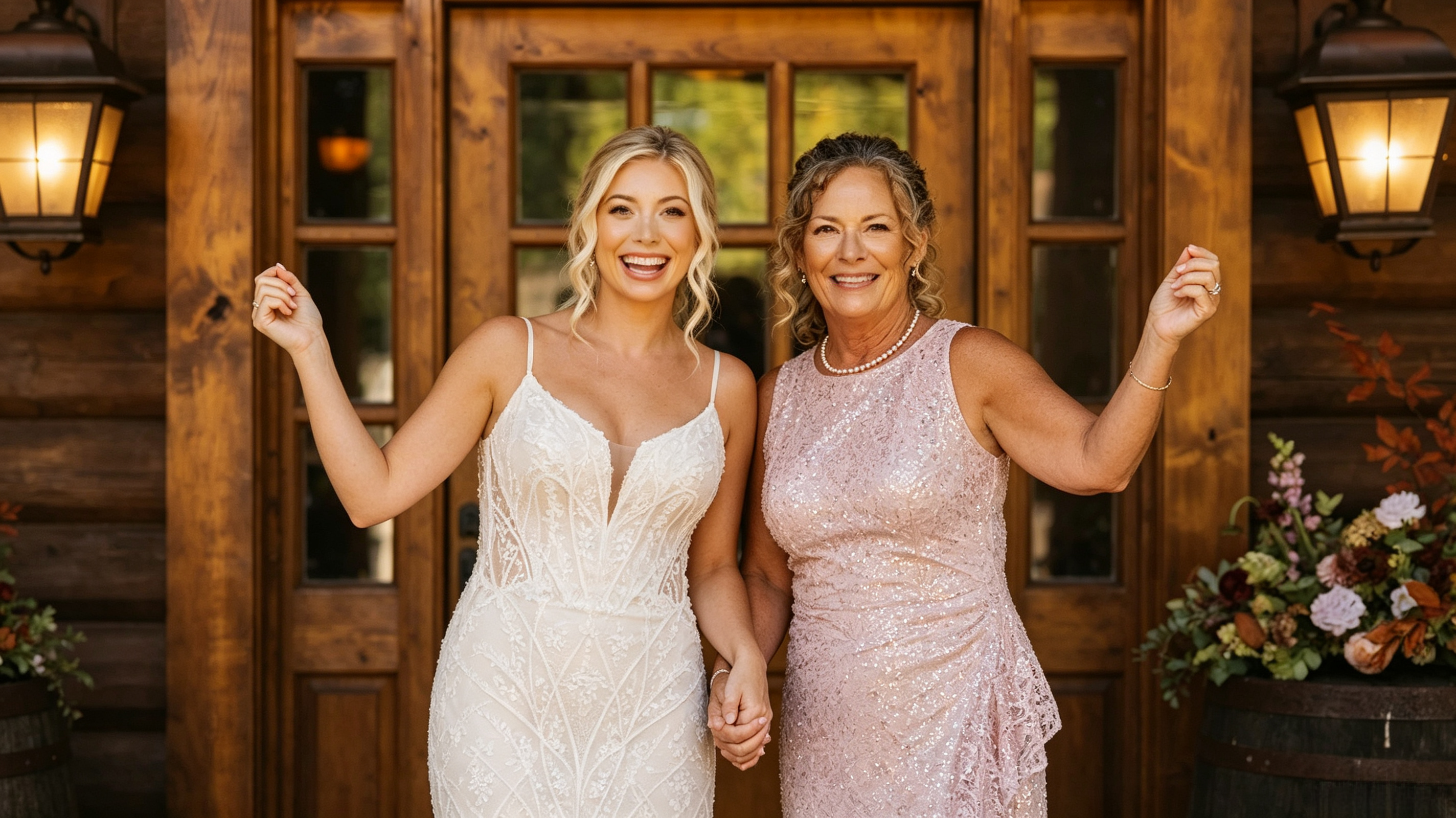 Mother of the bride wearing a blush lace dress during sunset wedding photos