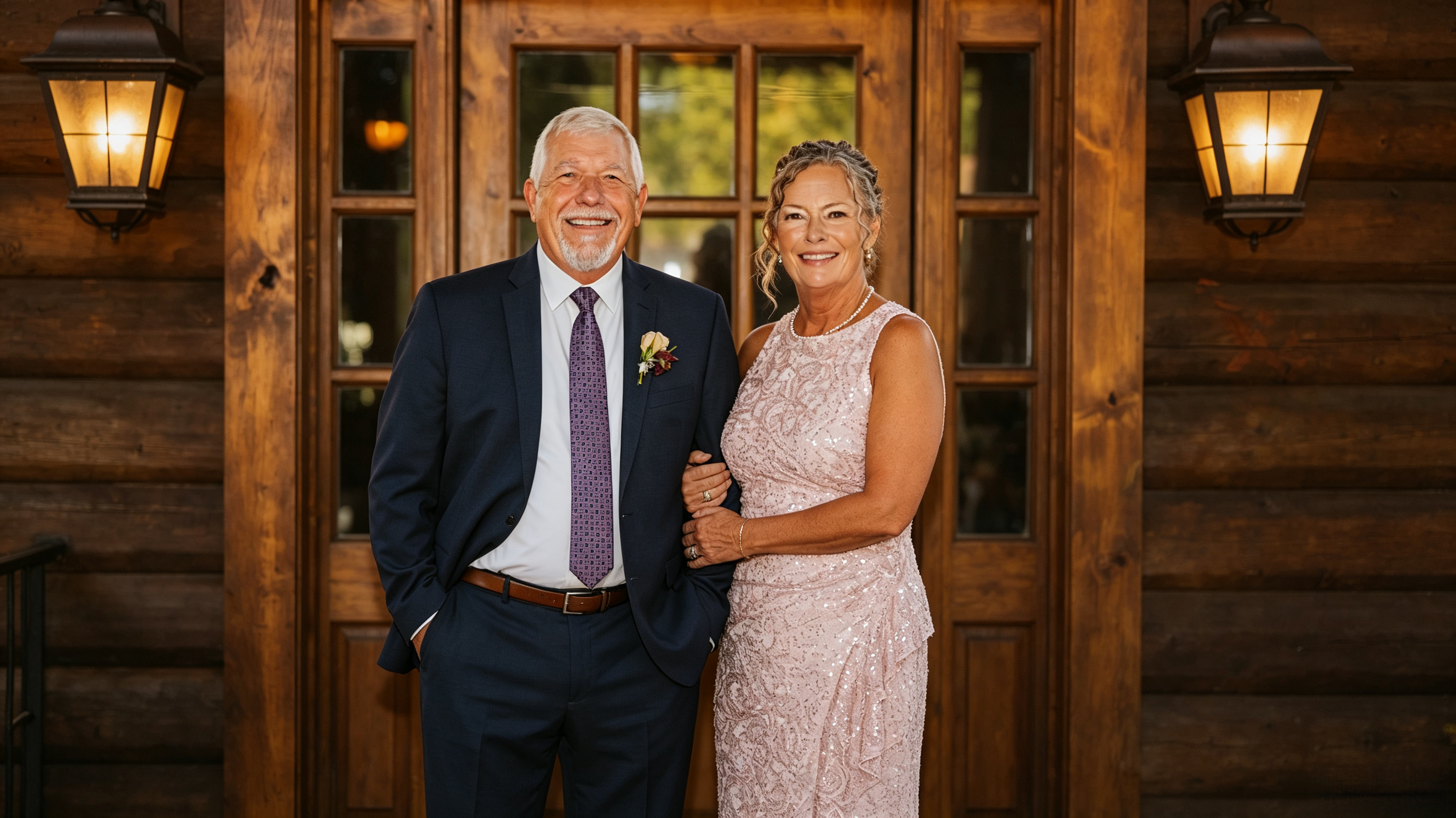 Mother of the bride and husband enjoying outdoor wedding photos at sunset