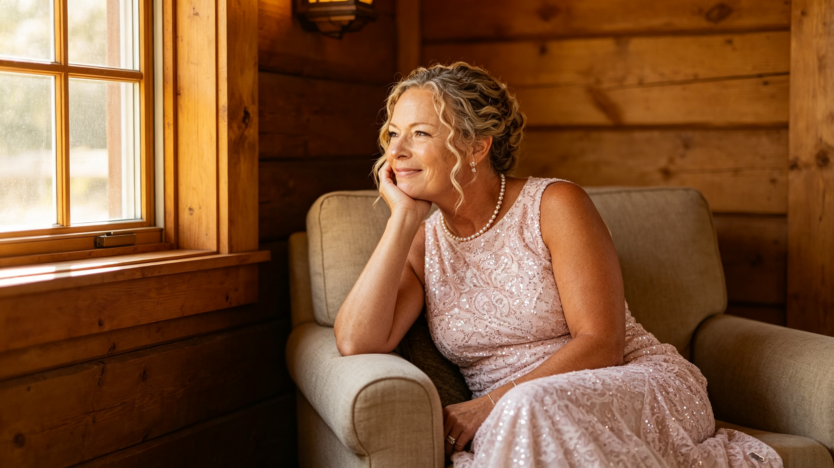 Mother of the bride wearing a lace tea length dress at a log cabin reception