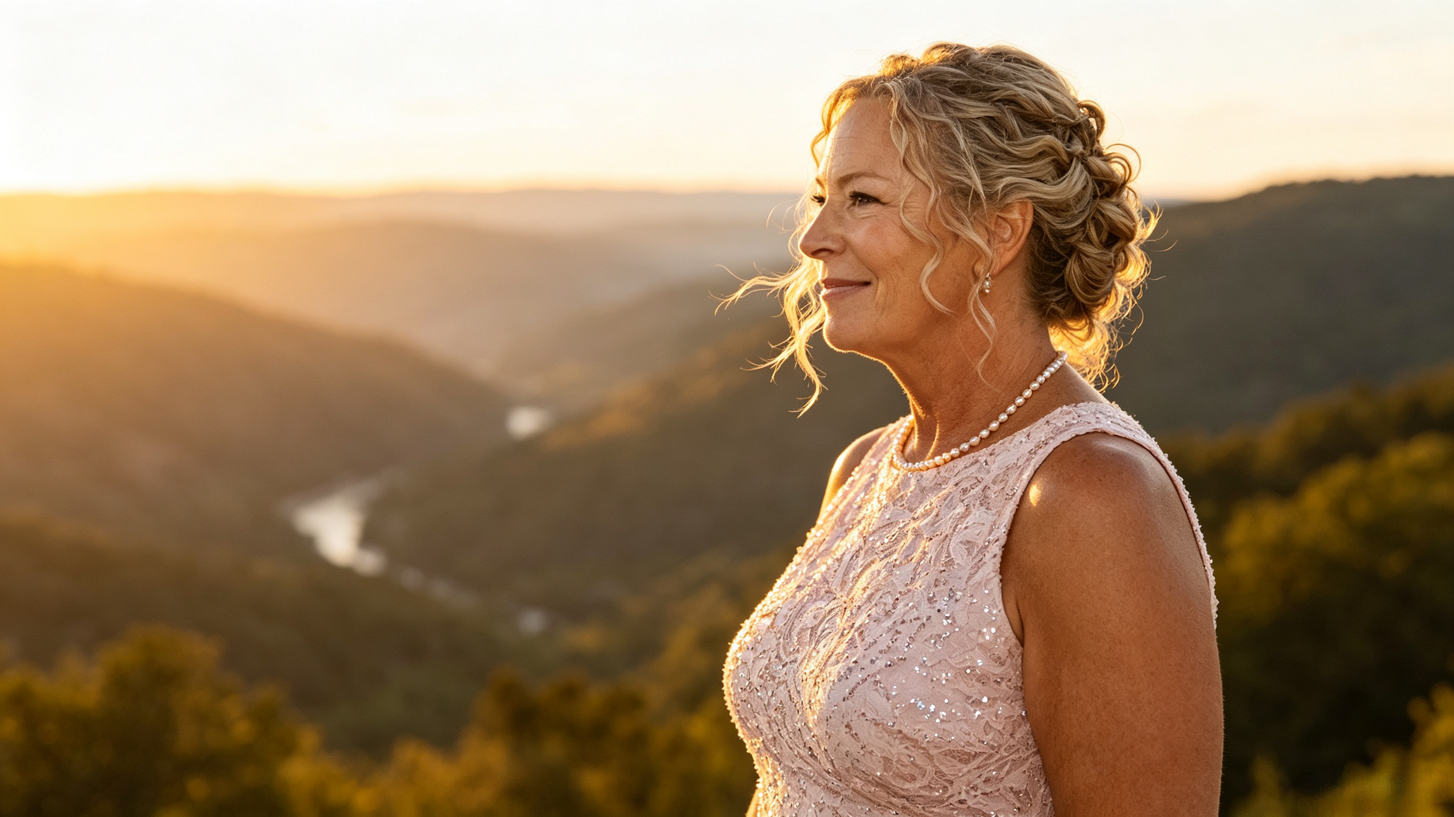 Mother of the bride wearing a blush lace tea length dress with mountain sunset background