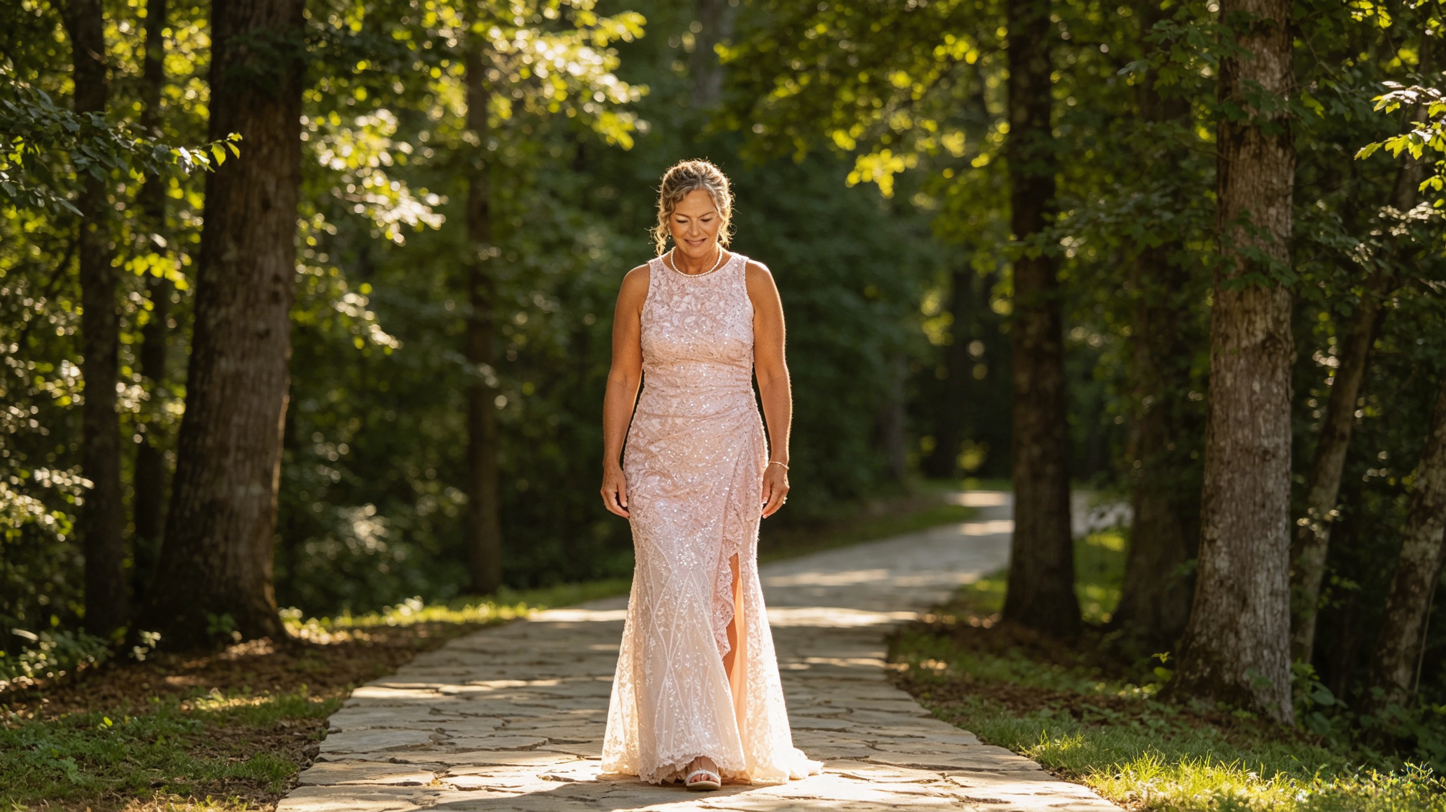 Mother of the bride wearing a tea length dress at a forest wedding venue