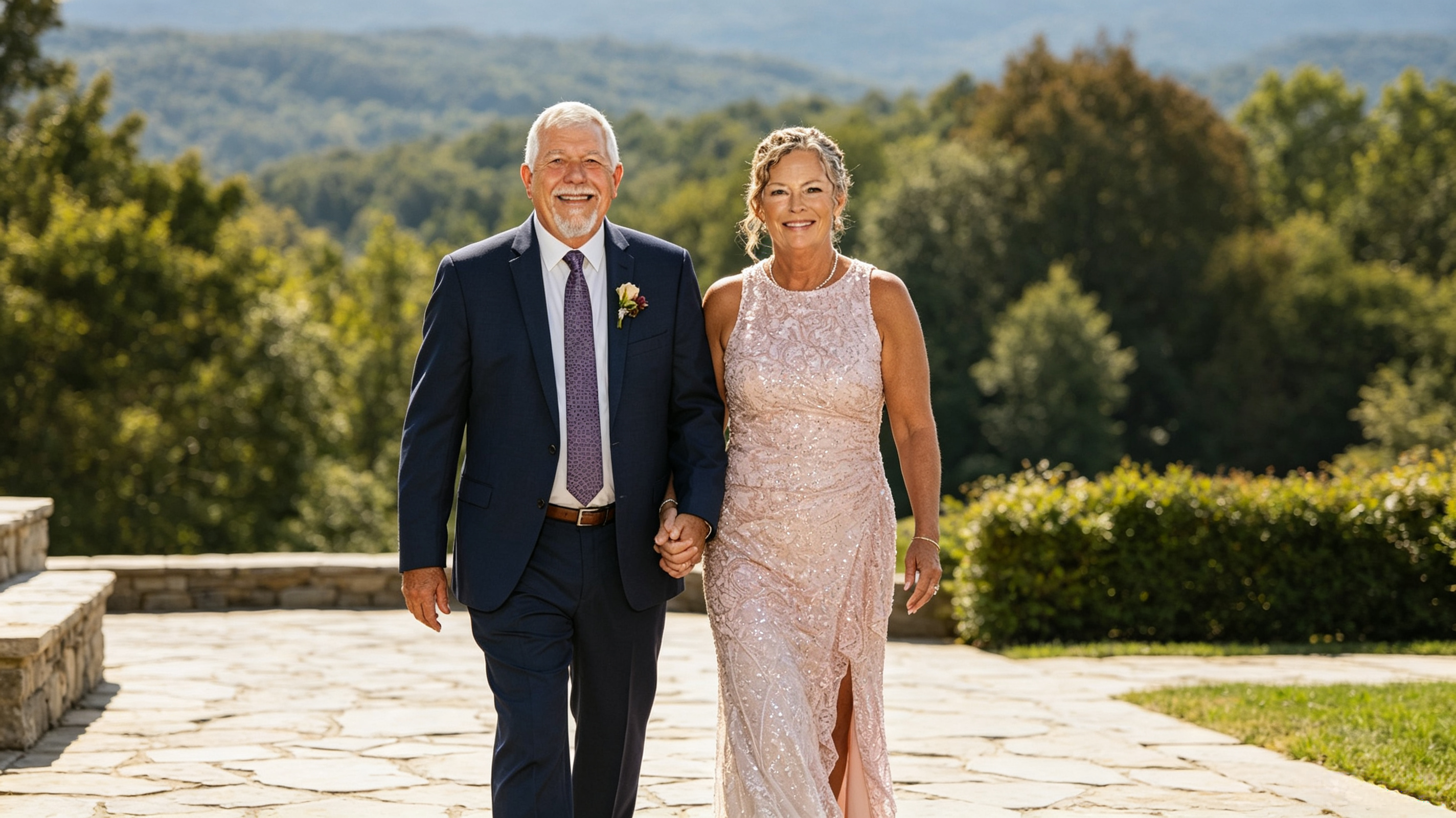 Mother of the bride walking comfortably at an outdoor mountain wedding