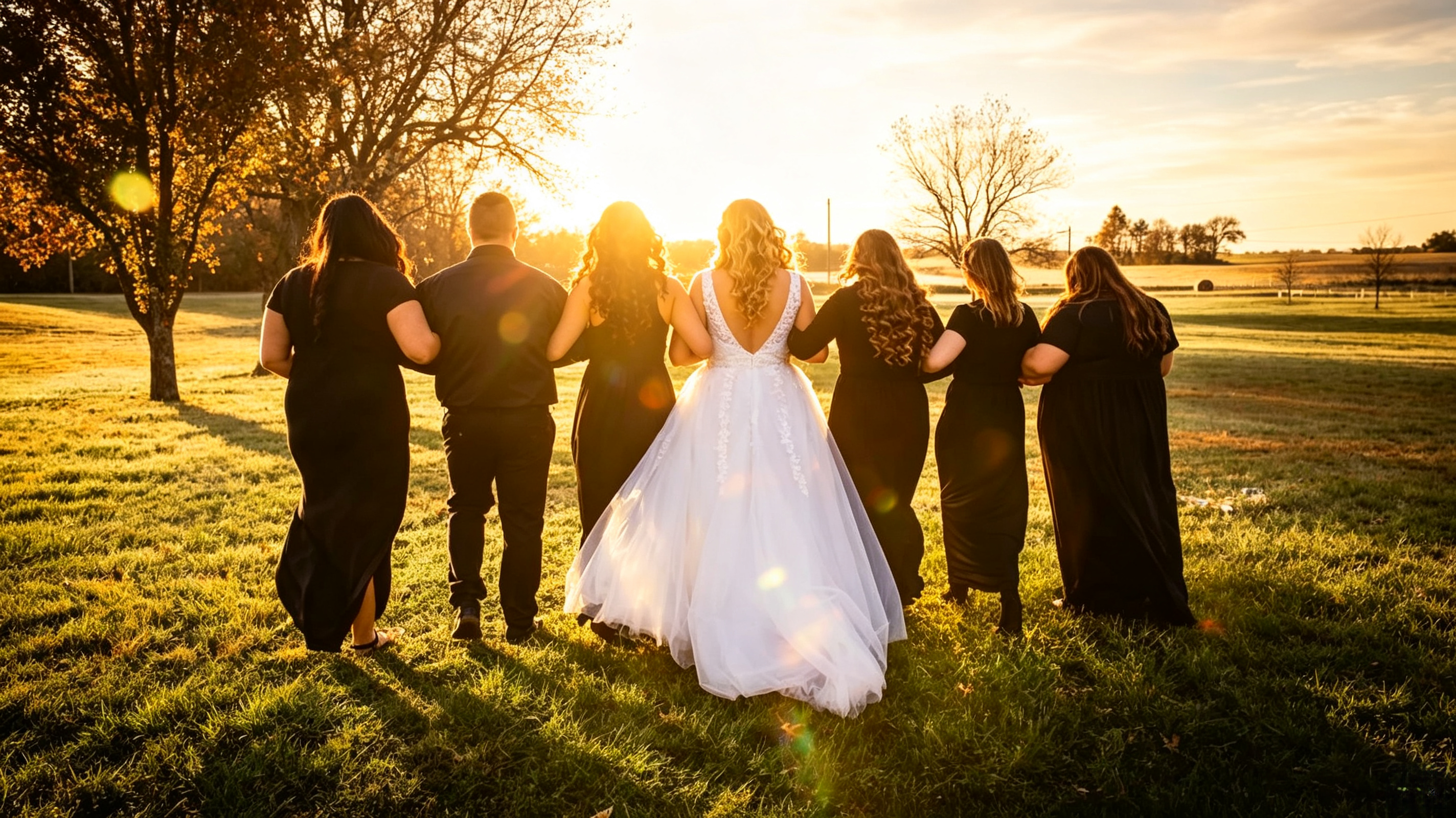 Black bridesmaid dresses farm wedding