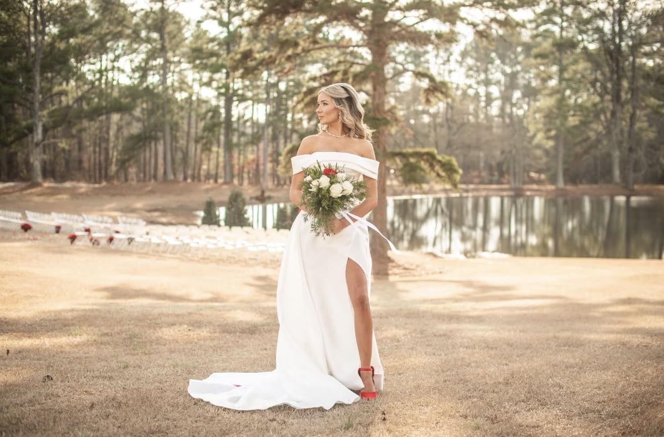 off the shoulder satin wedding dress