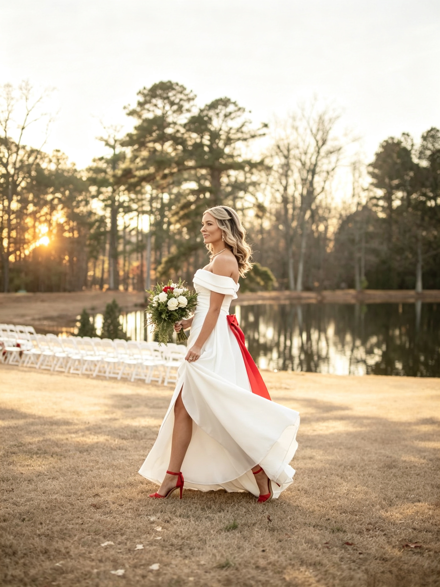 off the shoulder satin wedding dress
