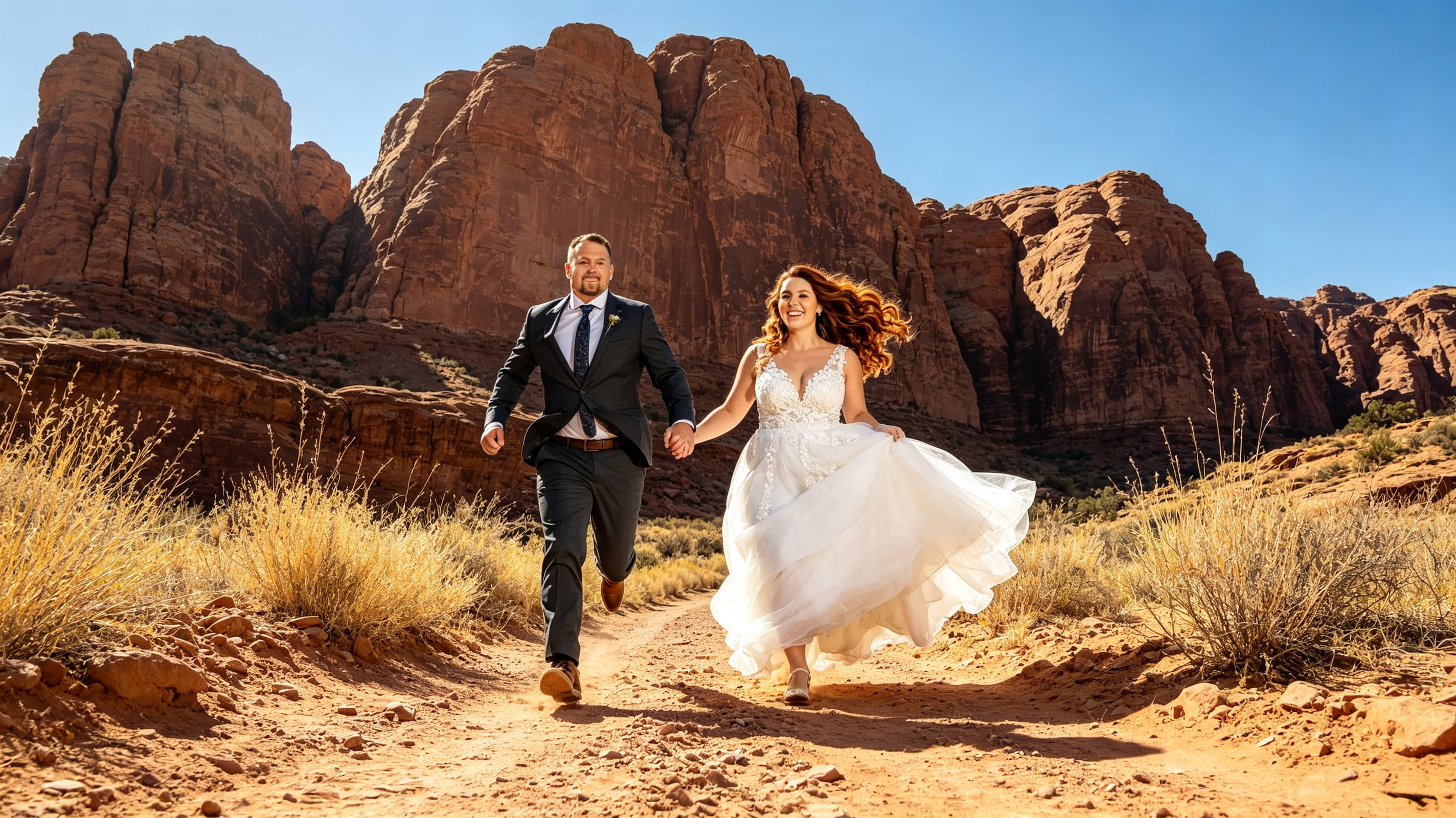 curvy bride wearing a comfortable lace wedding dress in the Las Vegas desert