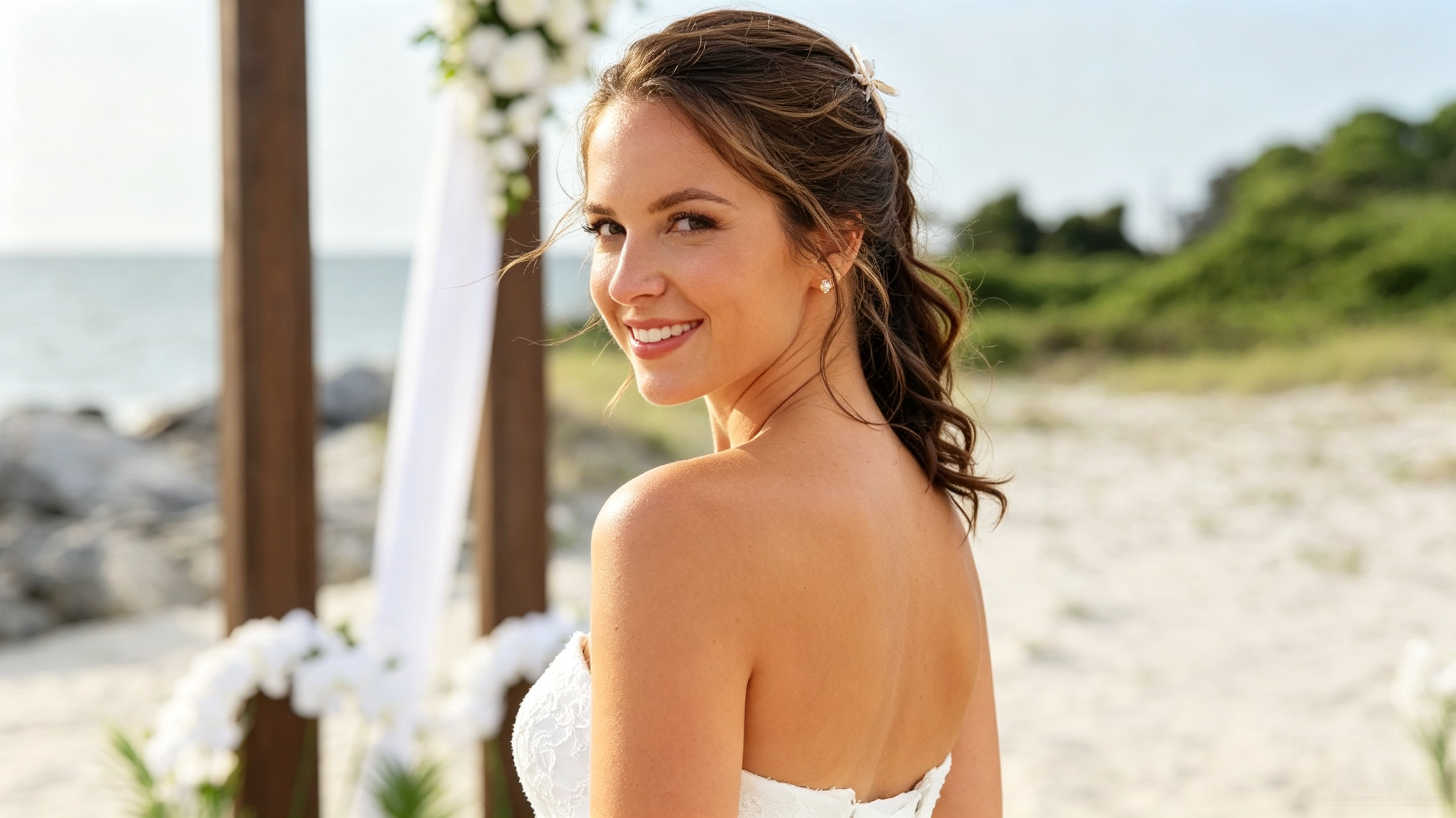 opaque lace wedding dress for beach photos