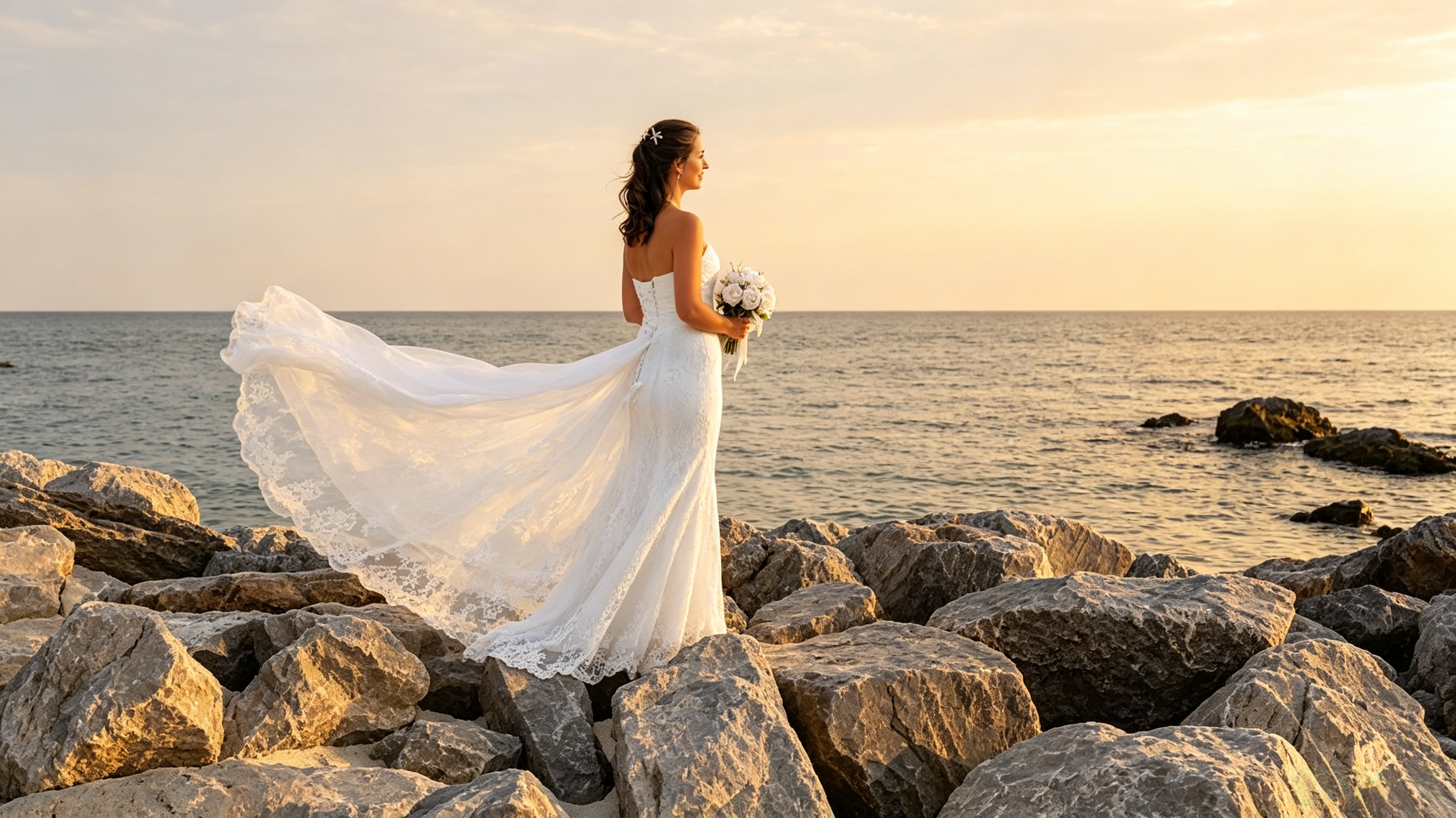 opaque lace wedding dress for beach photos