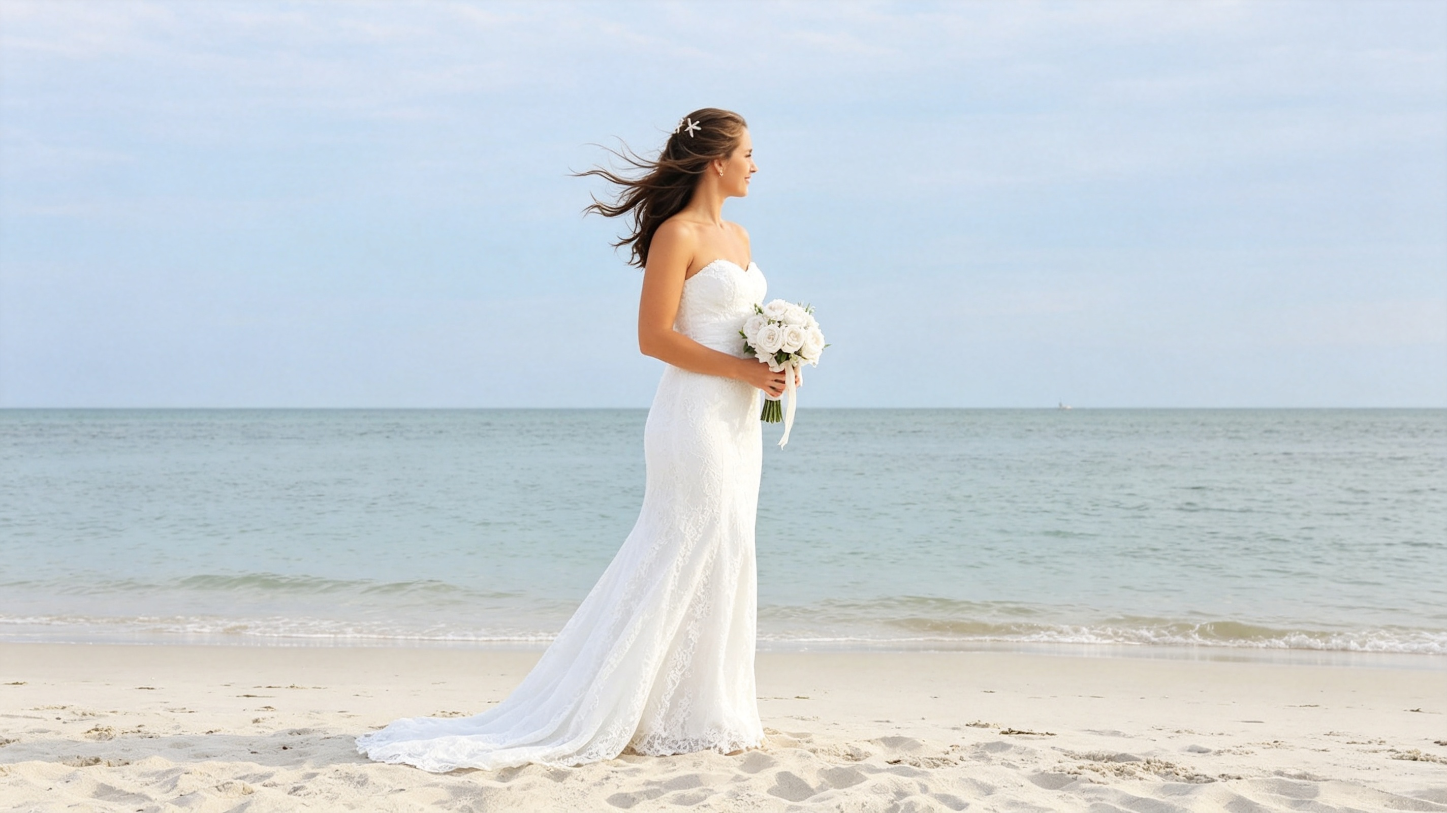 opaque lace wedding dress for beach photos