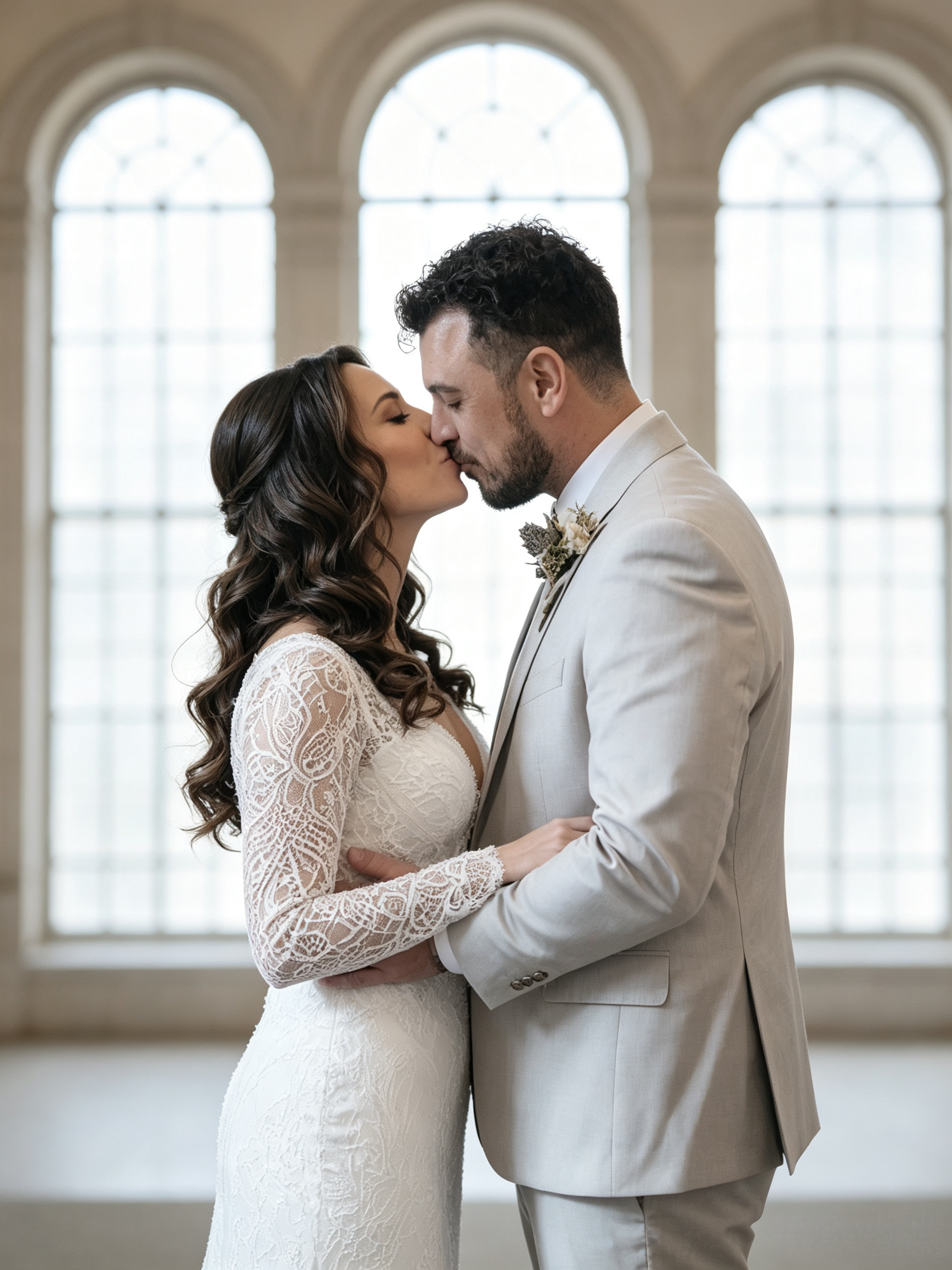 Bride in a long sleeve lace wedding dress at a February Michigan wedding