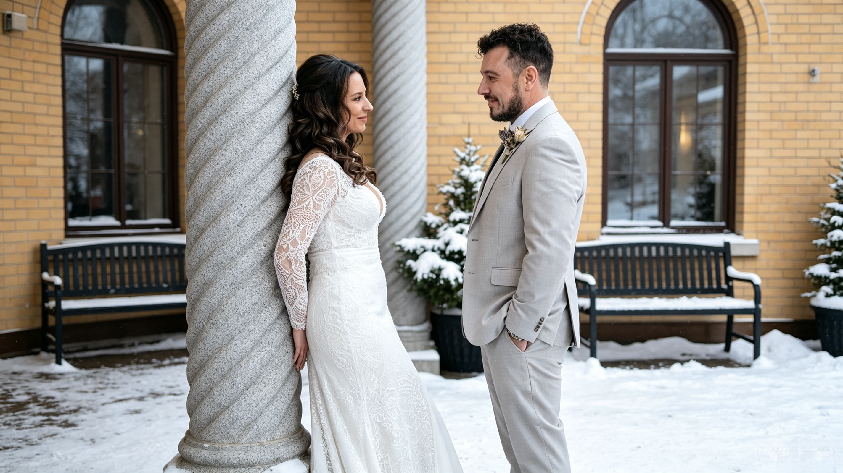Bride and groom during a snowy February wedding at The Morris-Estate in Michigan