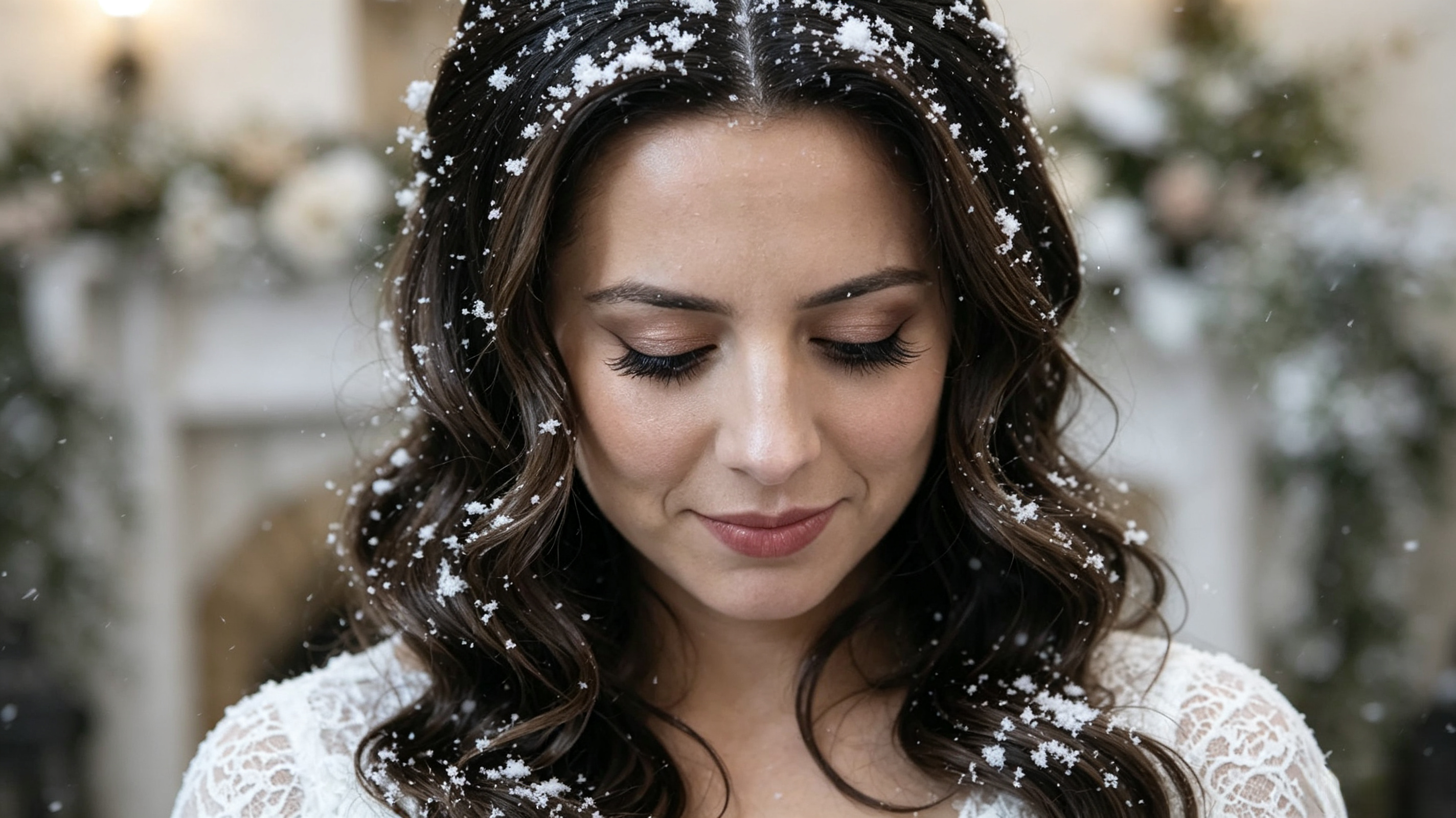 Bride wearing a long sleeve lace wedding dress during a February micro wedding