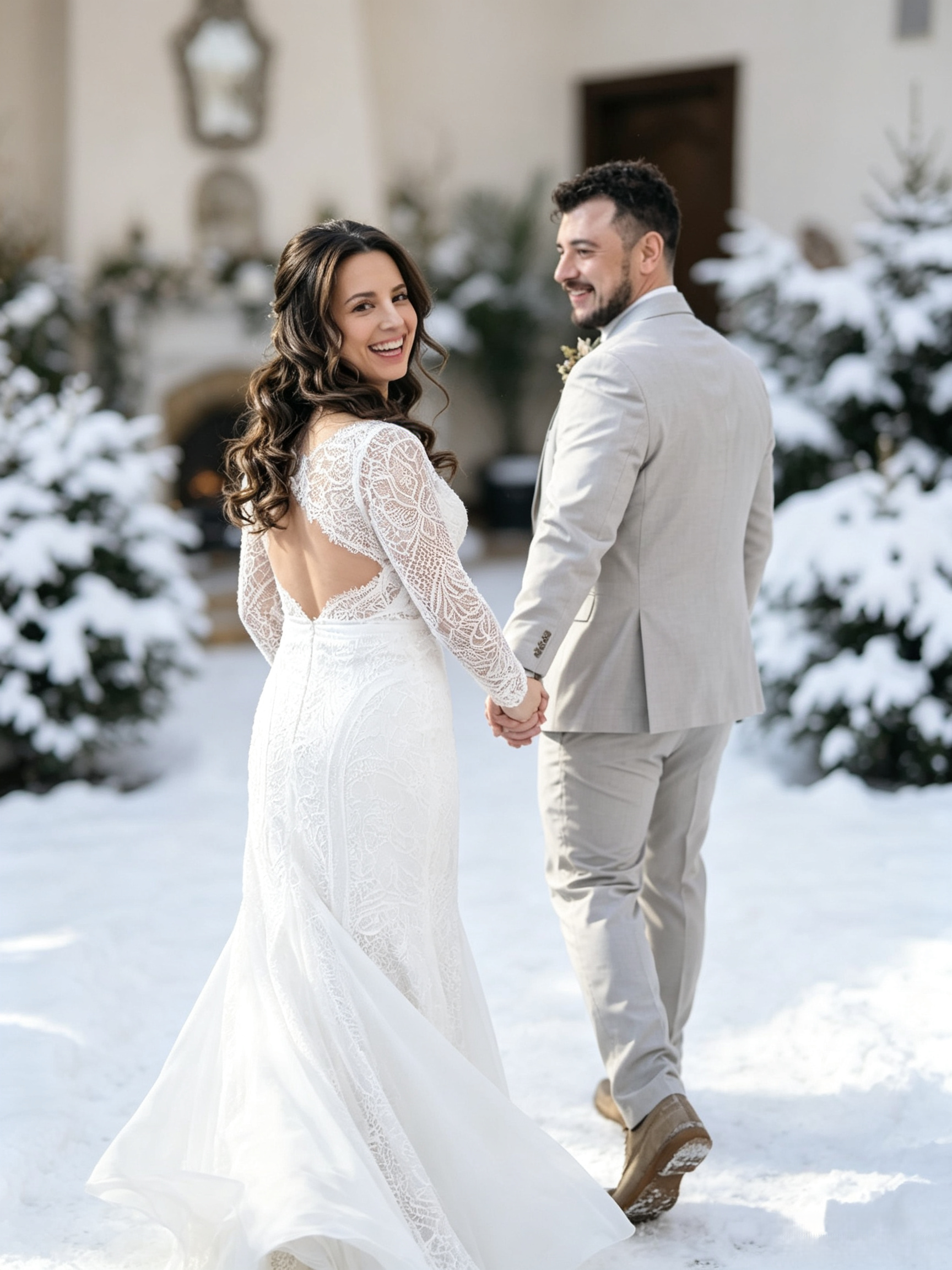 Bride in a white lace wedding dress standing outside in the snow at a Michigan winter wedding