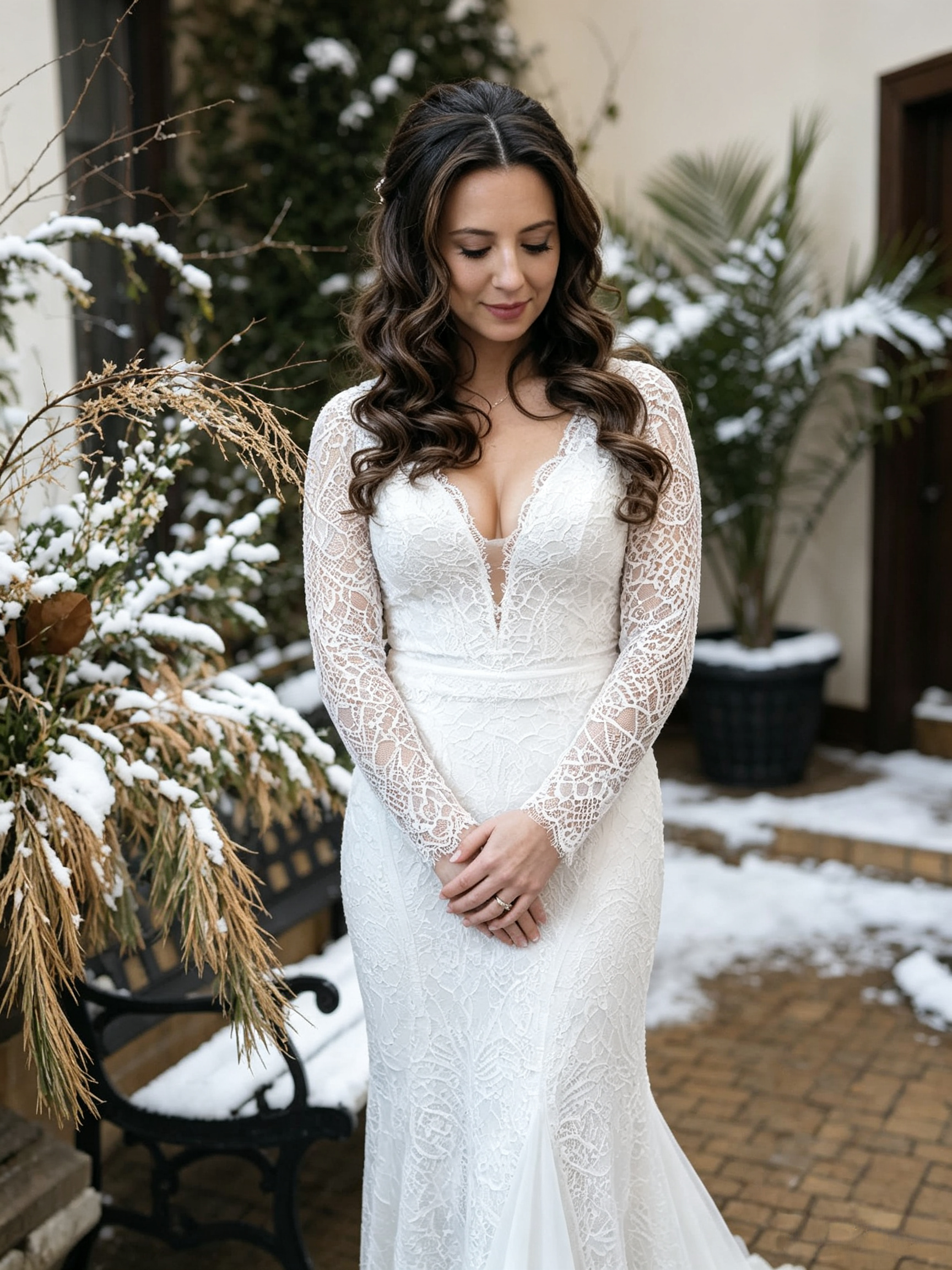 Long sleeve lace wedding dress with illusion sleeves and deep V neckline
