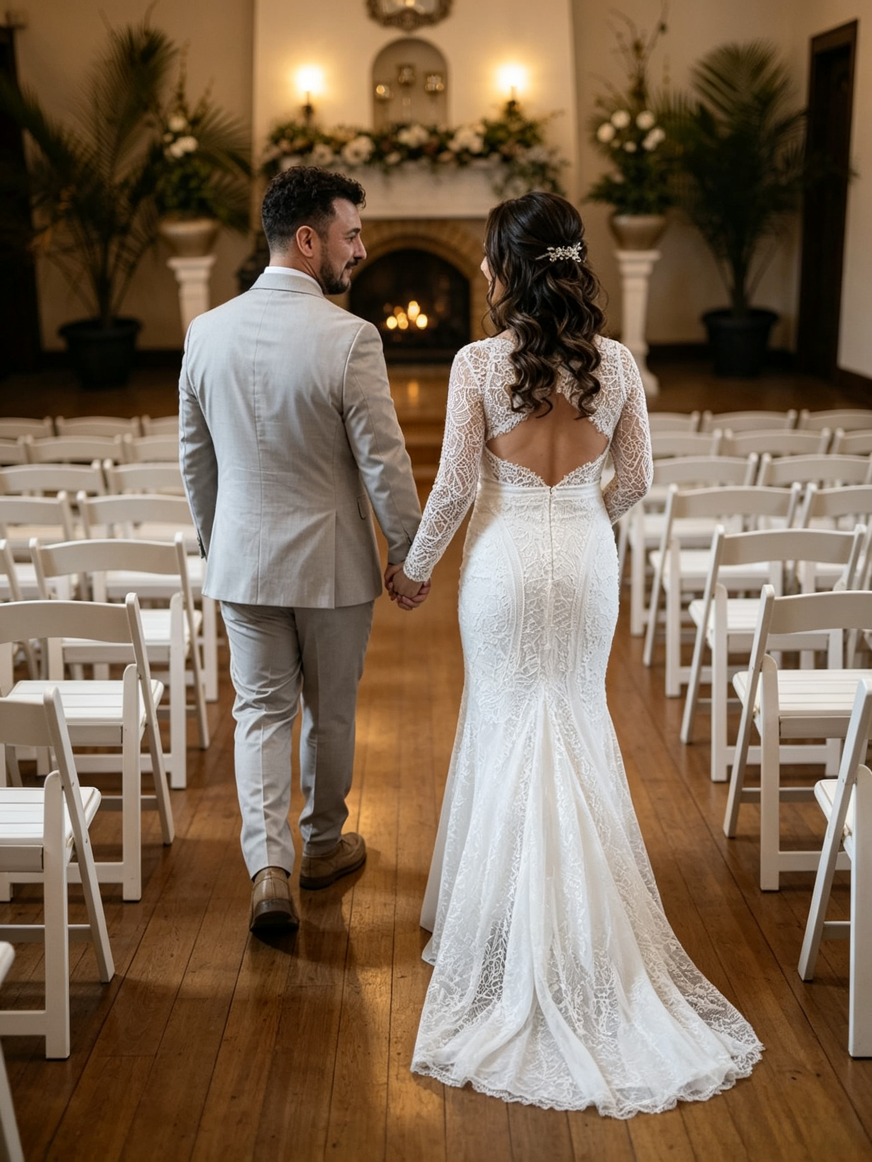 Open back lace wedding dress with a soft flowing bridal skirt