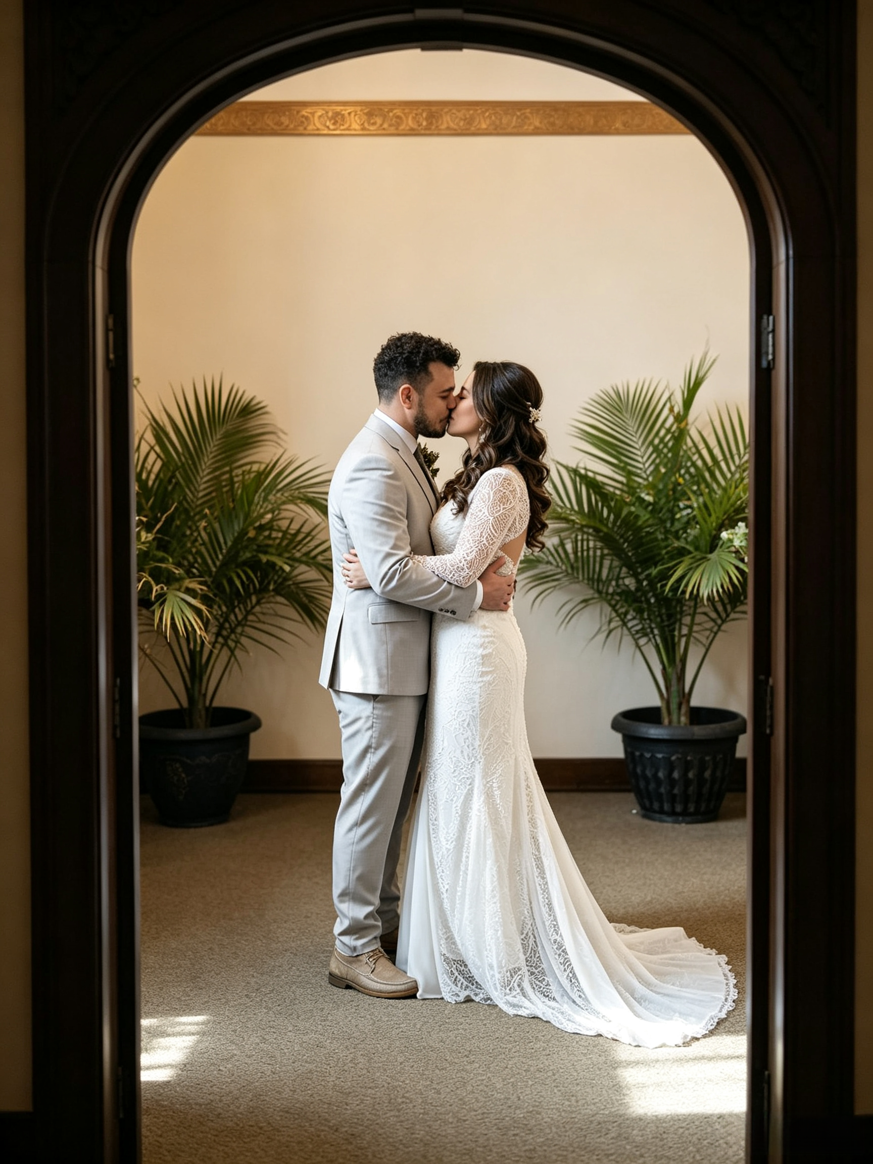 Bride wearing a medium lace wedding dress with a comfortable fitted waist