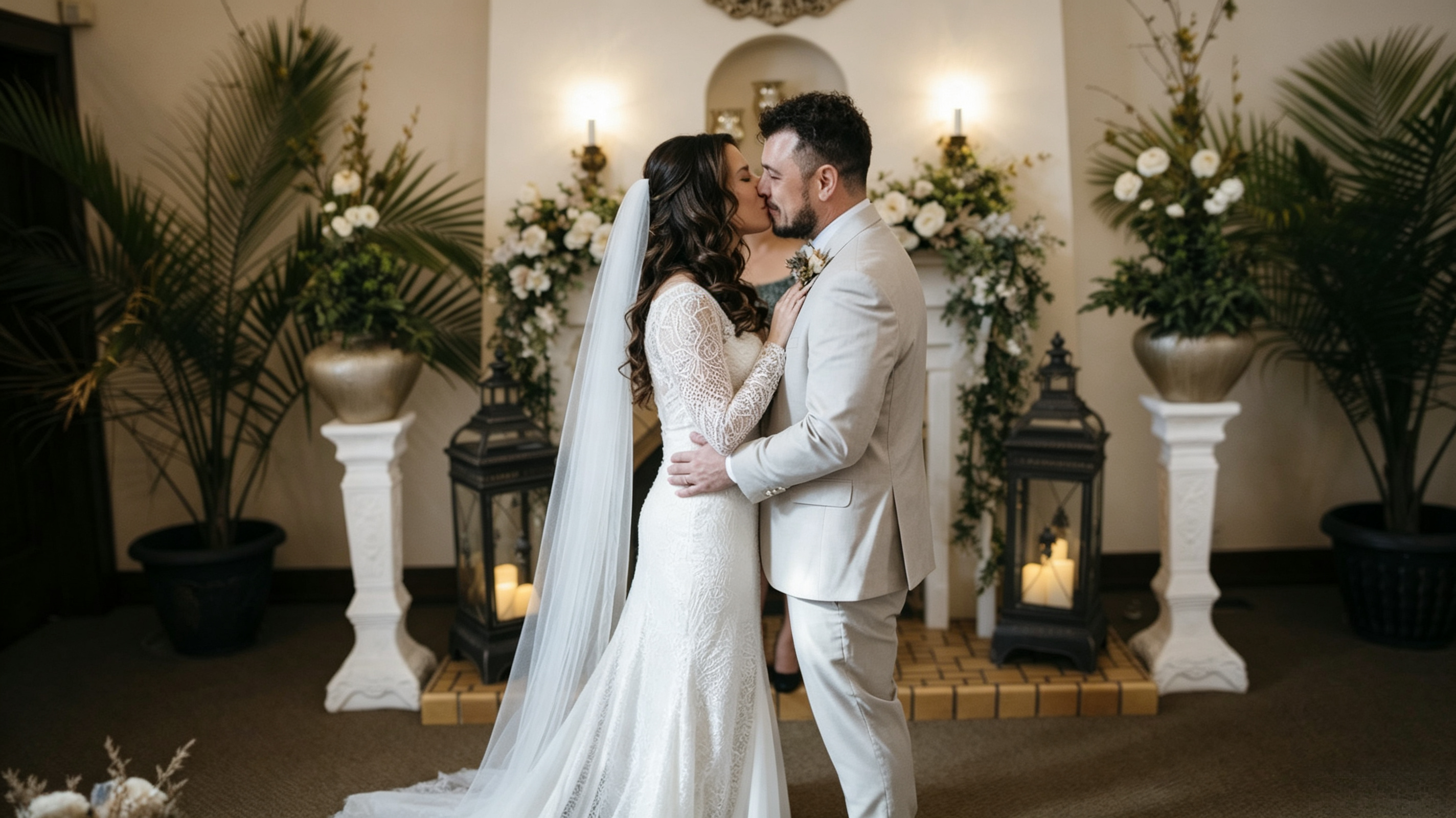Long lace wedding dress hem on a bride at an intimate Michigan wedding