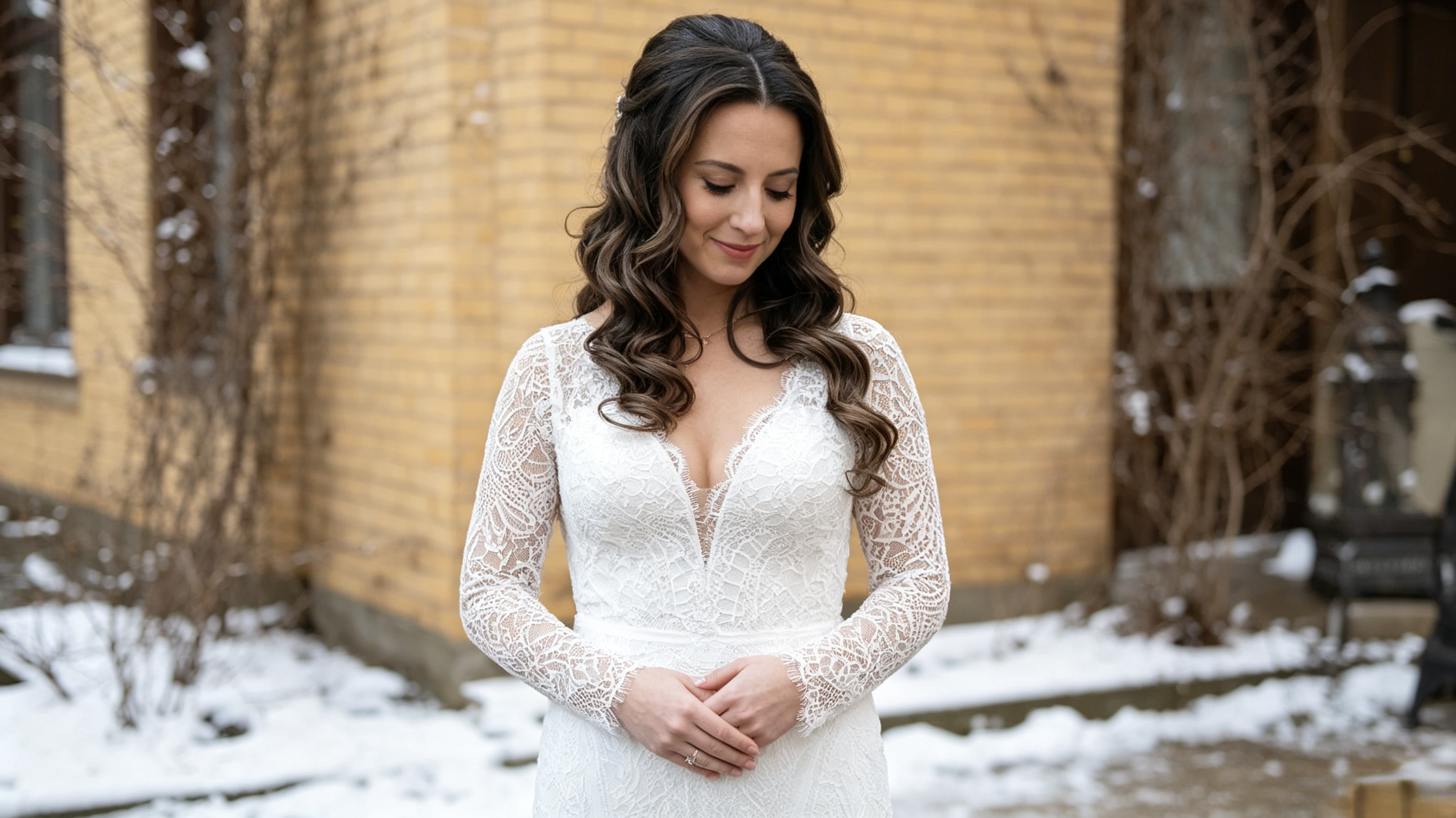 Long lace wedding dress pooling naturally on the floor during a small wedding ceremony