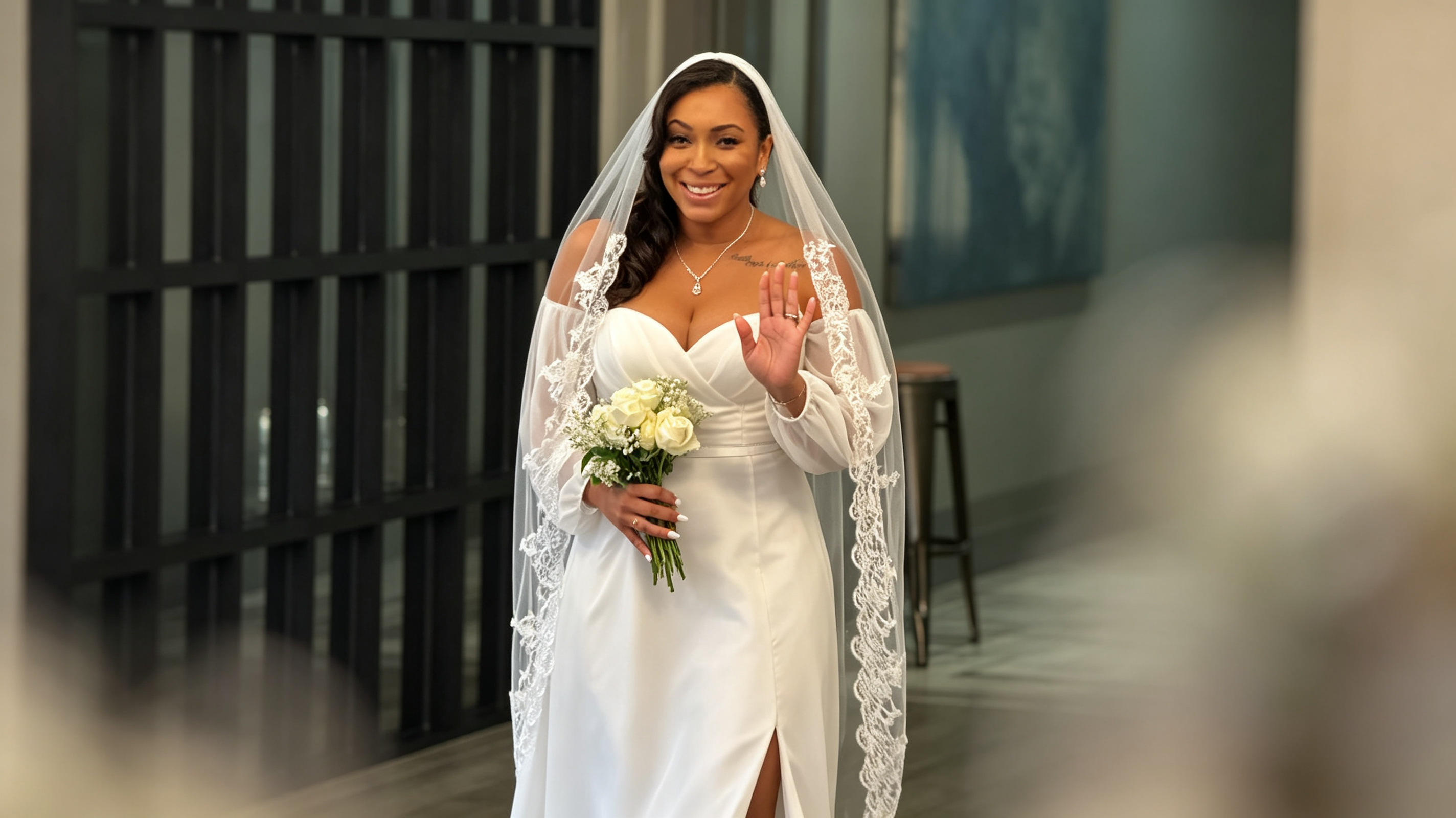 wedding dress with lace trim sleeves and veil match