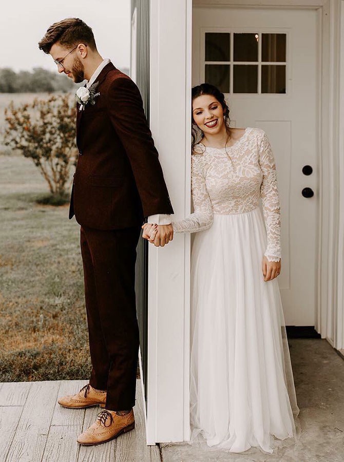 Long Sleeves Backless Lace Top A-Line Round Neck Wedding Dress Long Sleeves Backless Lace Top A-Line Round Neck Wedding Dress
