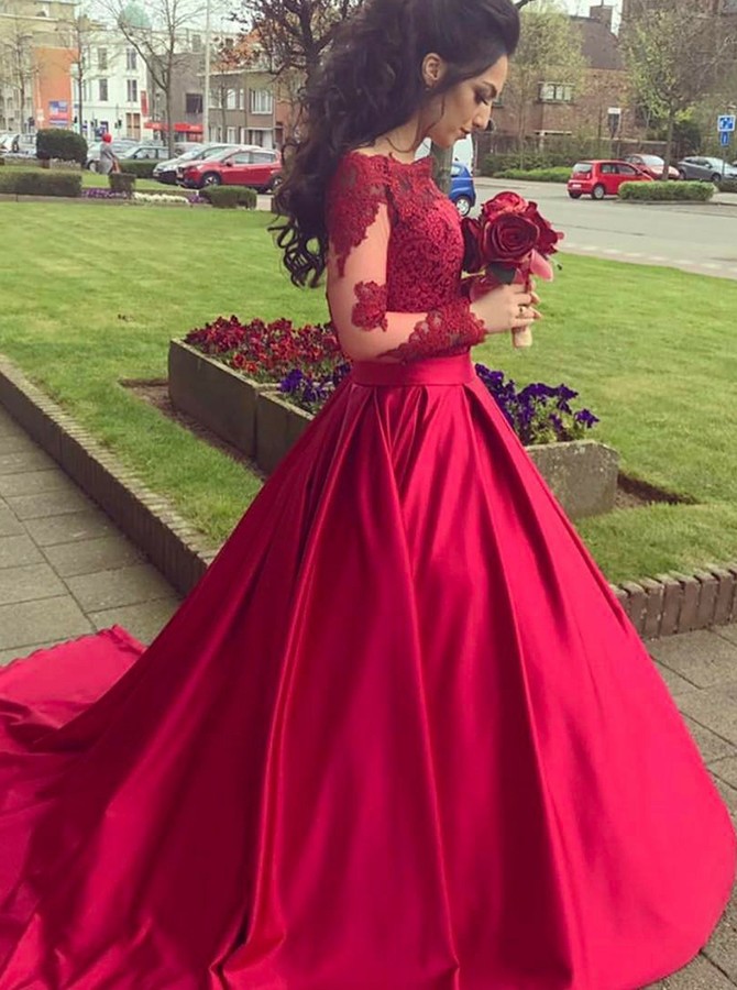 red long gown with sleeves