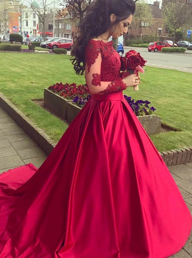 red satin dress with sleeves