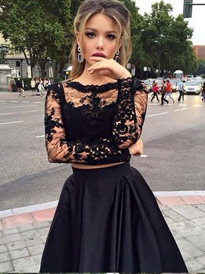black long sleeve 2 piece prom dress