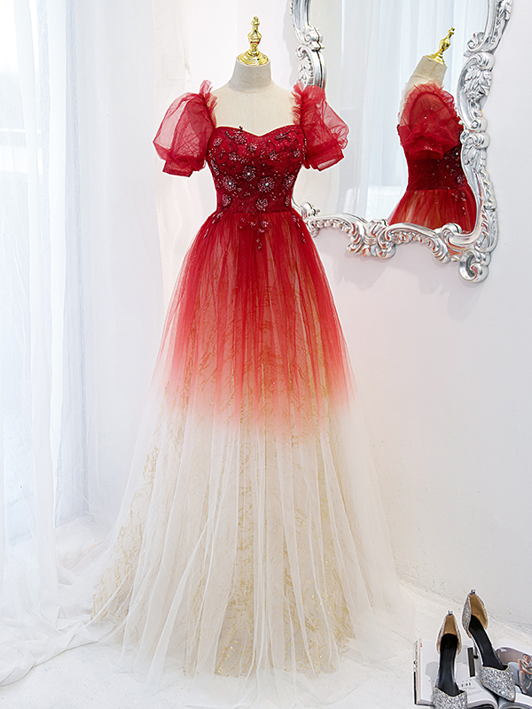 Shop Annakoo 2022 Red Two Tone Ombre Tulle Beading Short Sleeve Prom Formal  Dress Under 138