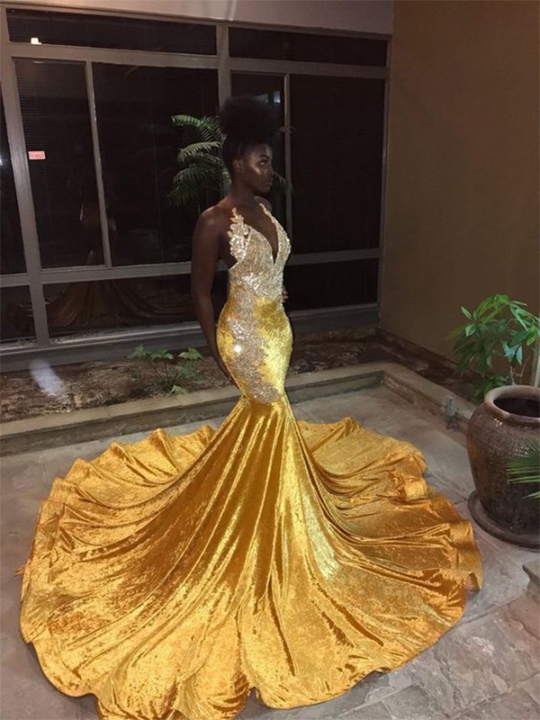 Cheap 2019 Gold Trumpet Mermaid Backless V-neck Court Train Lace Velvet Prom  Dress