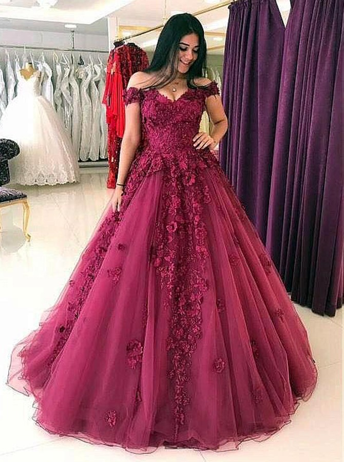 Appliques Burgundy Tulle Ball Gown Off-the-Shoulder Quinceanera Dress