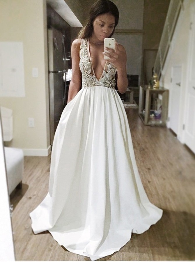 deep v neck a line dress