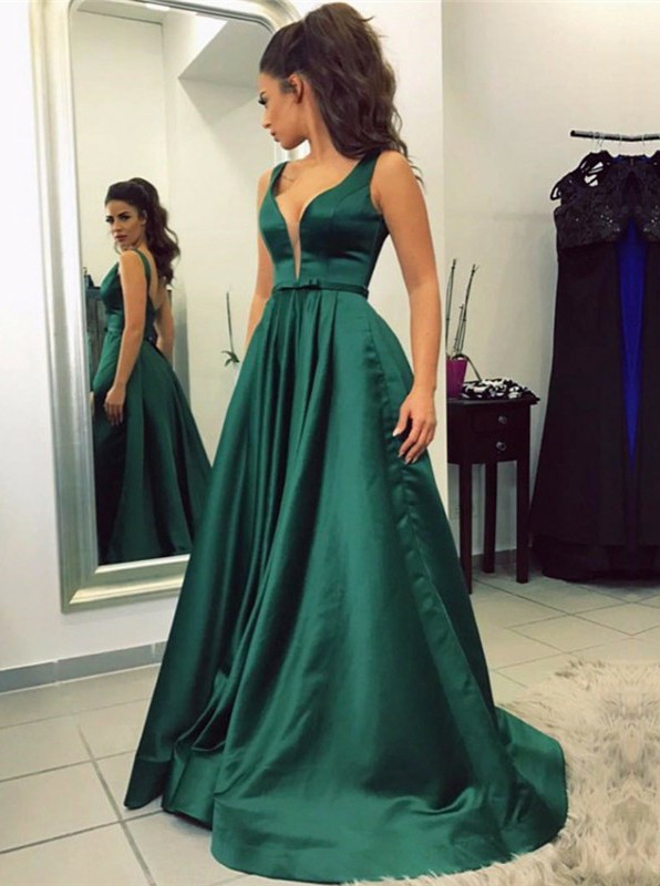 emerald green satin formal dress