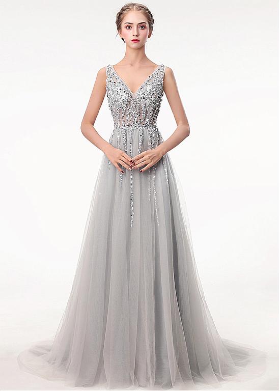 silver a line gown