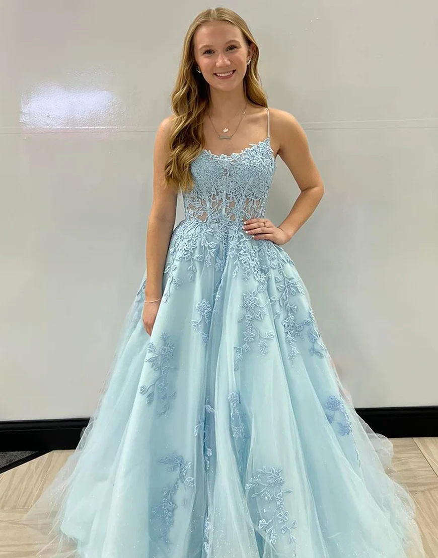 Shop 2023 ANNAKOO Blue Spaghetti Straps Corset Back Prom Dress With  Appliques Under 168