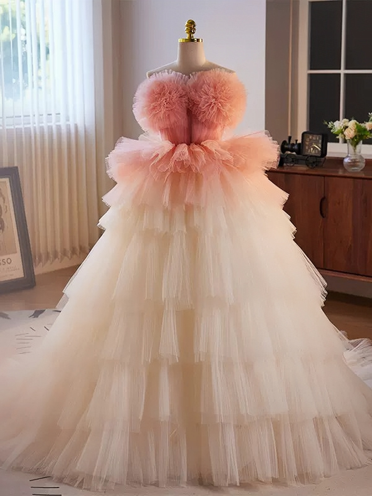 Romantic Pink Tulle Ball Gown Ombre Tiers Prom Dress Romantic Pink Tulle Ball Gown Ombre Tiers Prom Dress